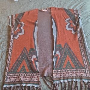 Open-Front Fringe Poncho in Rust Orange and Gray